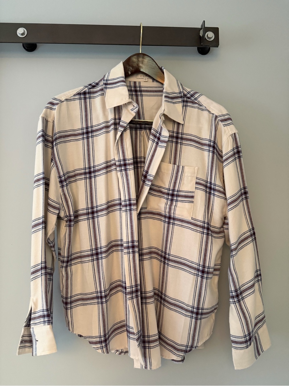 Super soft! Z Supply Cream Plaid Button-Down Shirt with Navy Lines